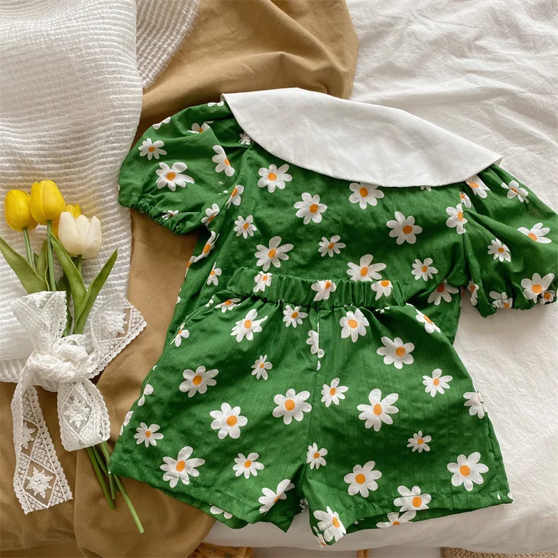 Clothing Sets luxury 2022 Summer New Fashion Top Pants Set Kids Doll Collar Green Fashion Clothes Set  Boutique Kids Clothing Simple Style twin clothing sets