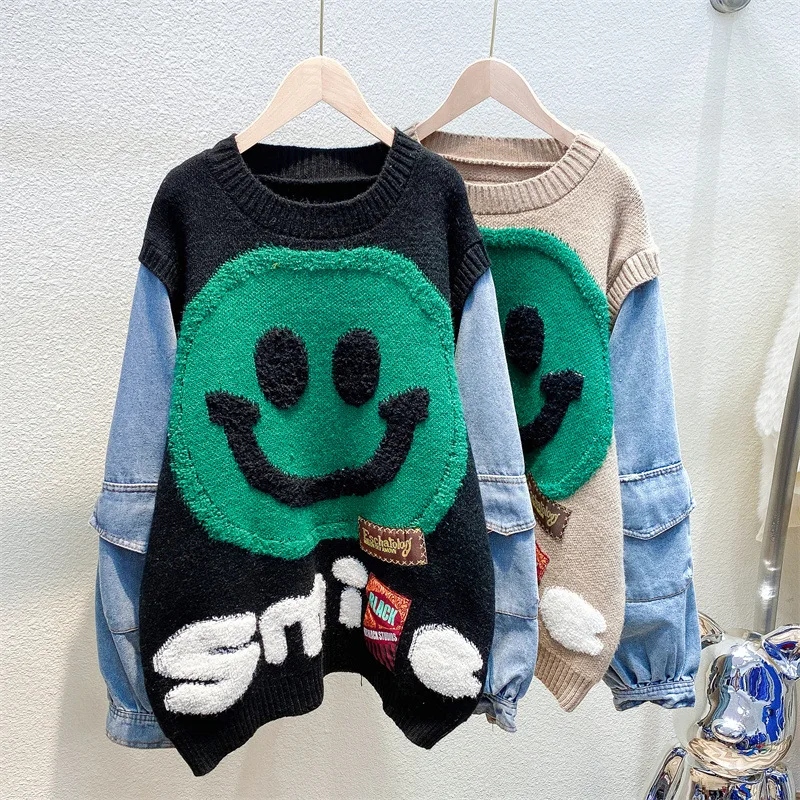 Women's Denim Smiley Face Knitted Sweater - true deals club