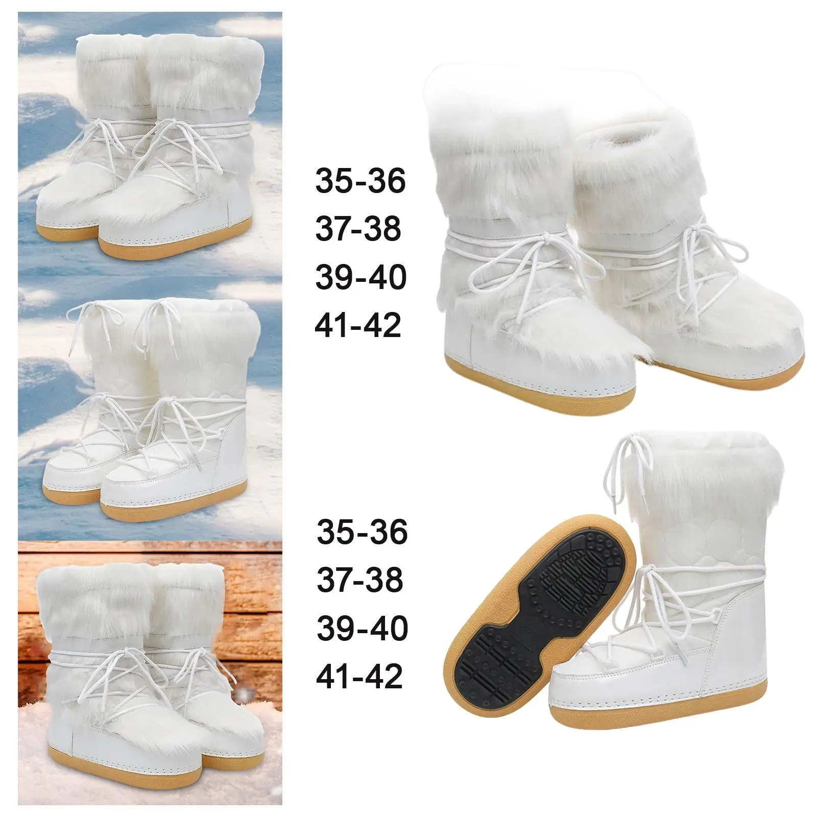 Women`s Snow Boots White Ski Boots Mid Calf Booties Lace up Water Resistant Long Boots Comfortable for Outdoor Trail Work Ladies