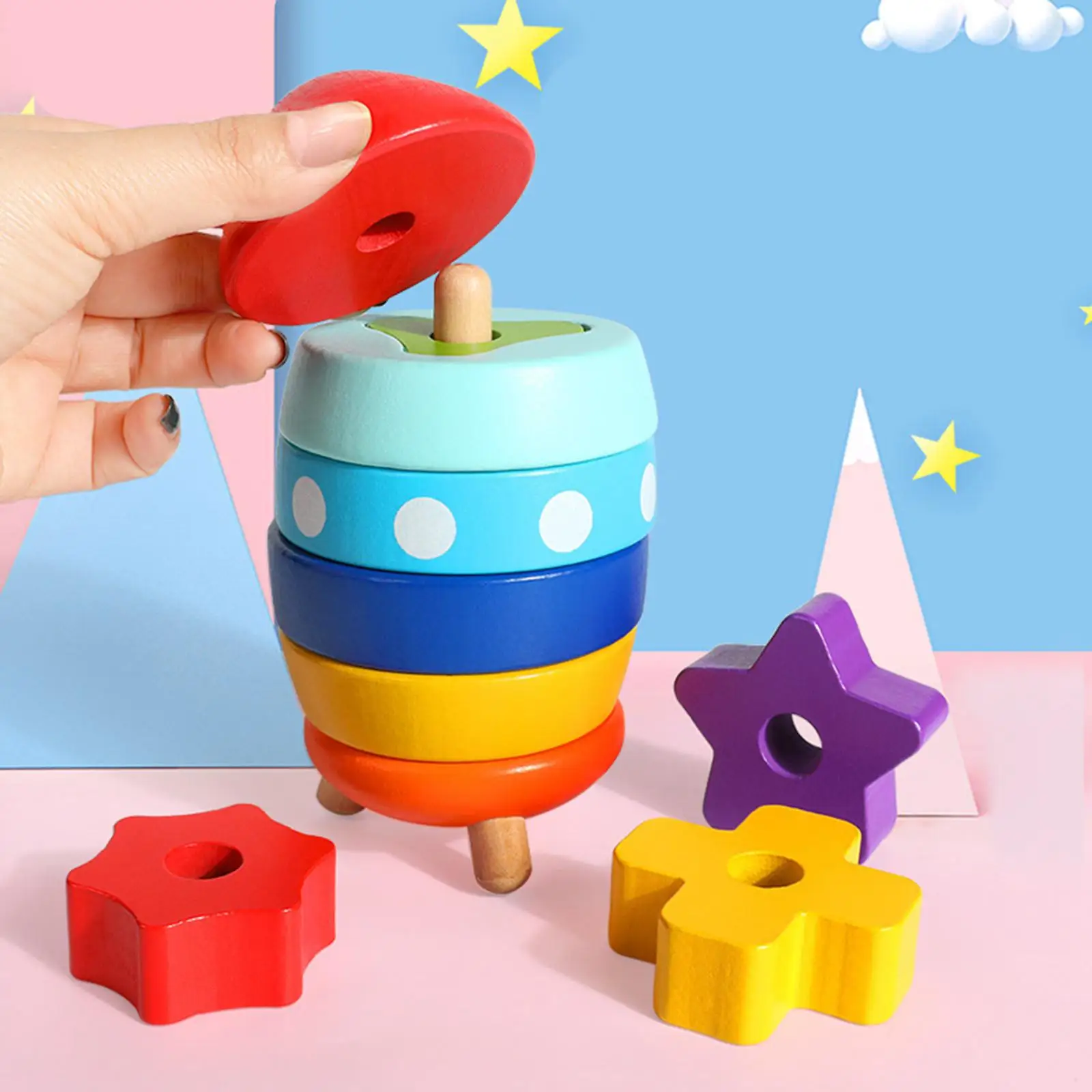 Wooden Colorful Rocket Shaped Stacking Toys Educational Toys Fine  for 12+ Months Kids