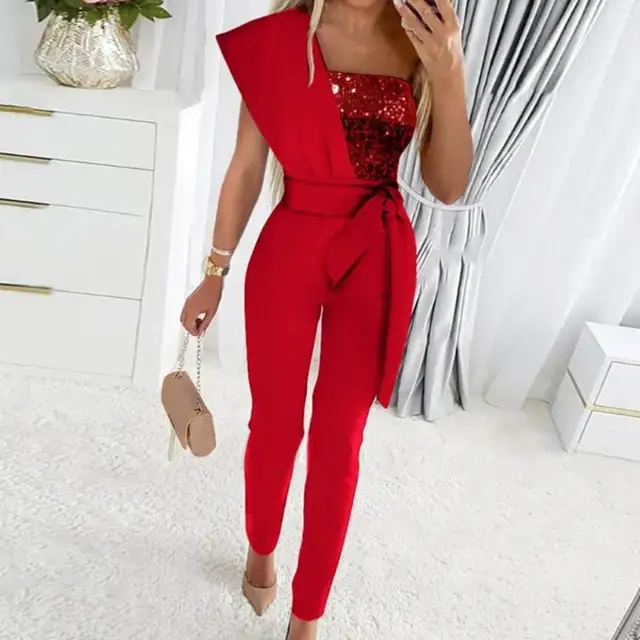 Stylish Party Jumpsuit Lace-up Ankle-Length Sexy One Shoulder Straight  Romper Stretchy Women Jumpsuit Banquet Clothing - AliExpress