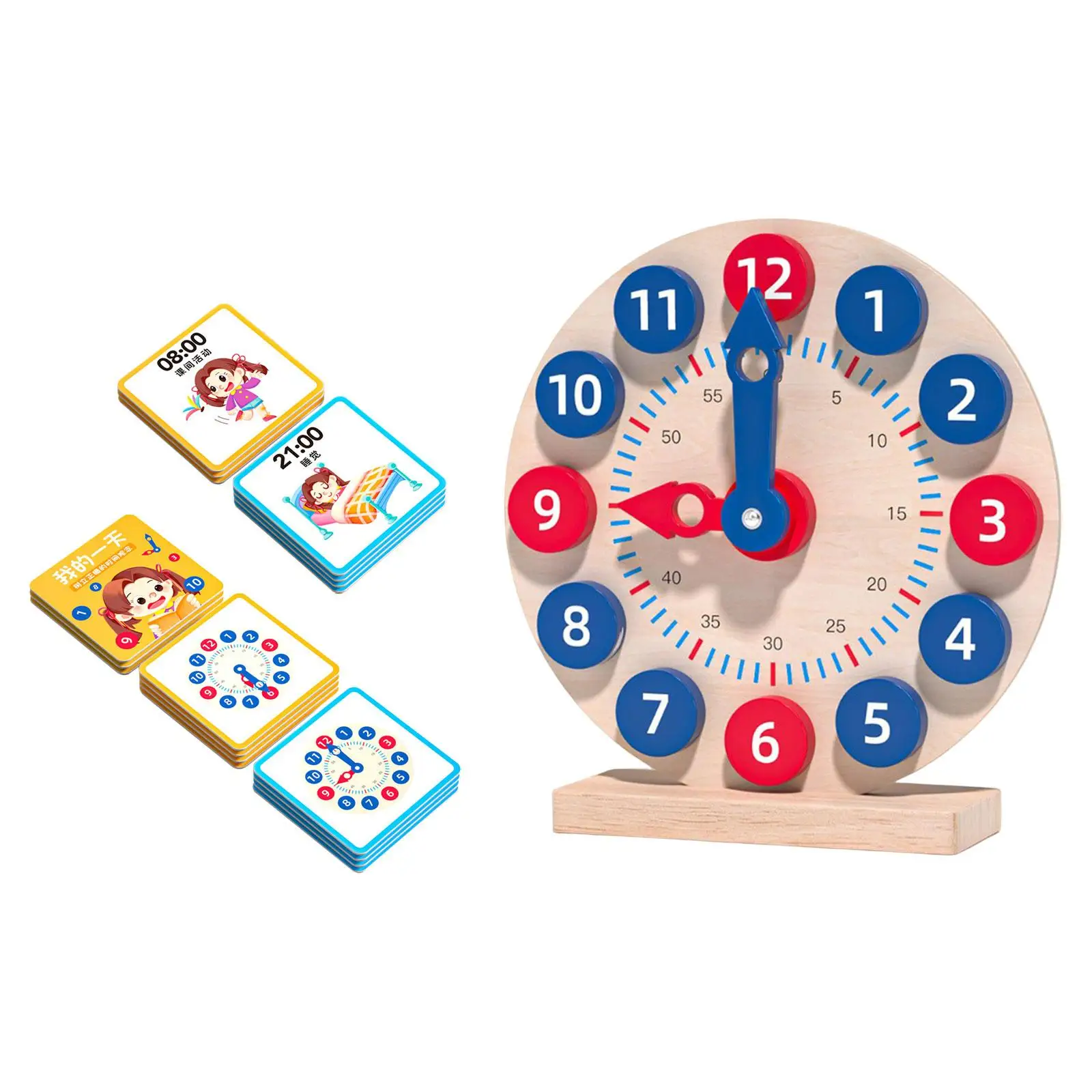 Wooden Toy Clock Learn to Tell Time Multifunctional Teaching Time 18 Reversible Time Cards for Gift Boy Girl Children