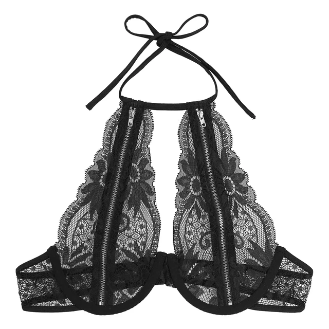 Womens Sexy Lingerie Underwear See-through Floral Lace Underwired Brassiere  Halter Neck Lace-up Zipper Bra Tops Erotic Bralette - AliExpress