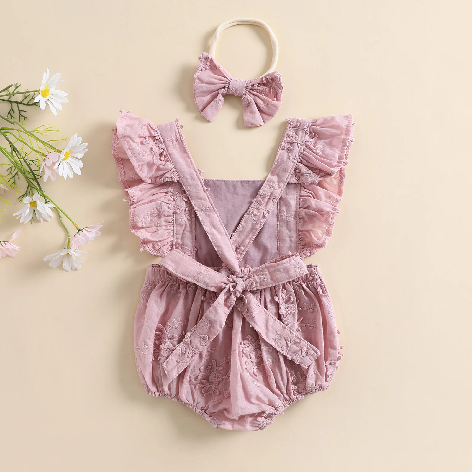 Baby Bodysuits expensive Newborn Baby Girls Summer Romper with Headband Toddler Lovely 2pcs Clothes Suit Fly Sleeves Lace Tie-Up Backless Jumpsuit Baby Bodysuits expensive