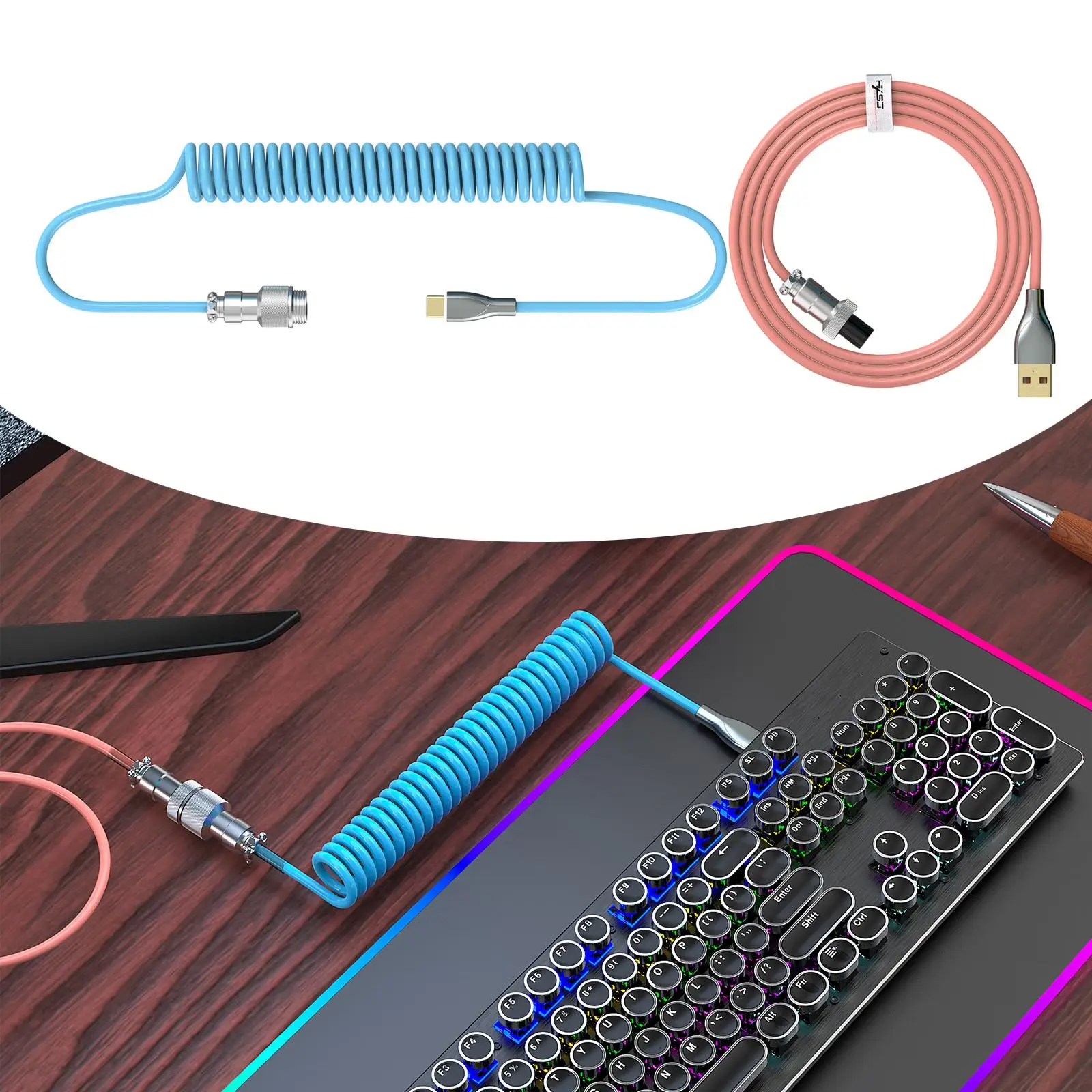 1.7m TPE Coiled Type C USB Cable Braided Wire with Aviation Connector Line for Gaming Mechanical Keyboard Smart Phone Tablet