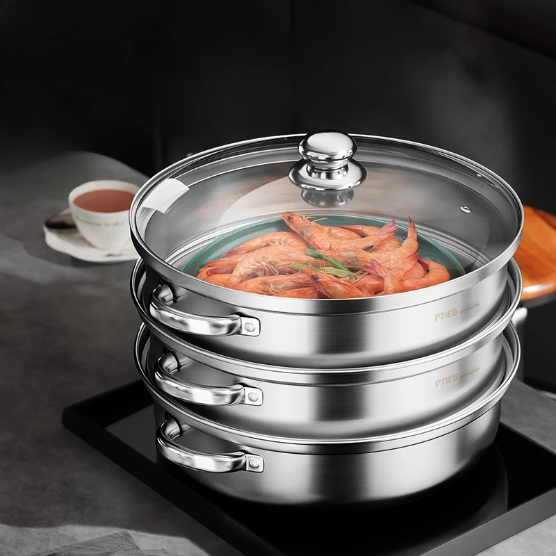 Stainless Steel Cookware, 3 Tier Steamer Steaming Pot Set, Stainless Steel Stockpot Multifunction Super Thick Cookware Pot