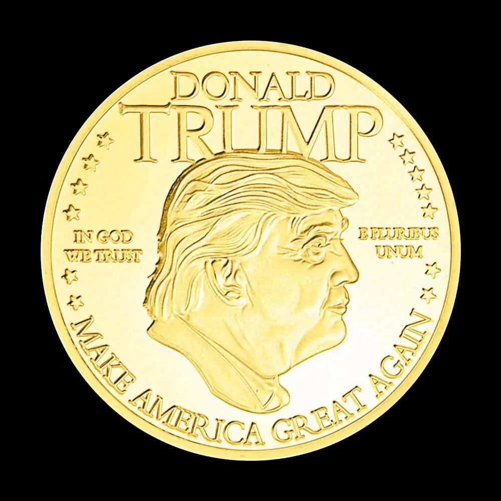 Golden commemorative Donald Trump coin with presidential seal detail.