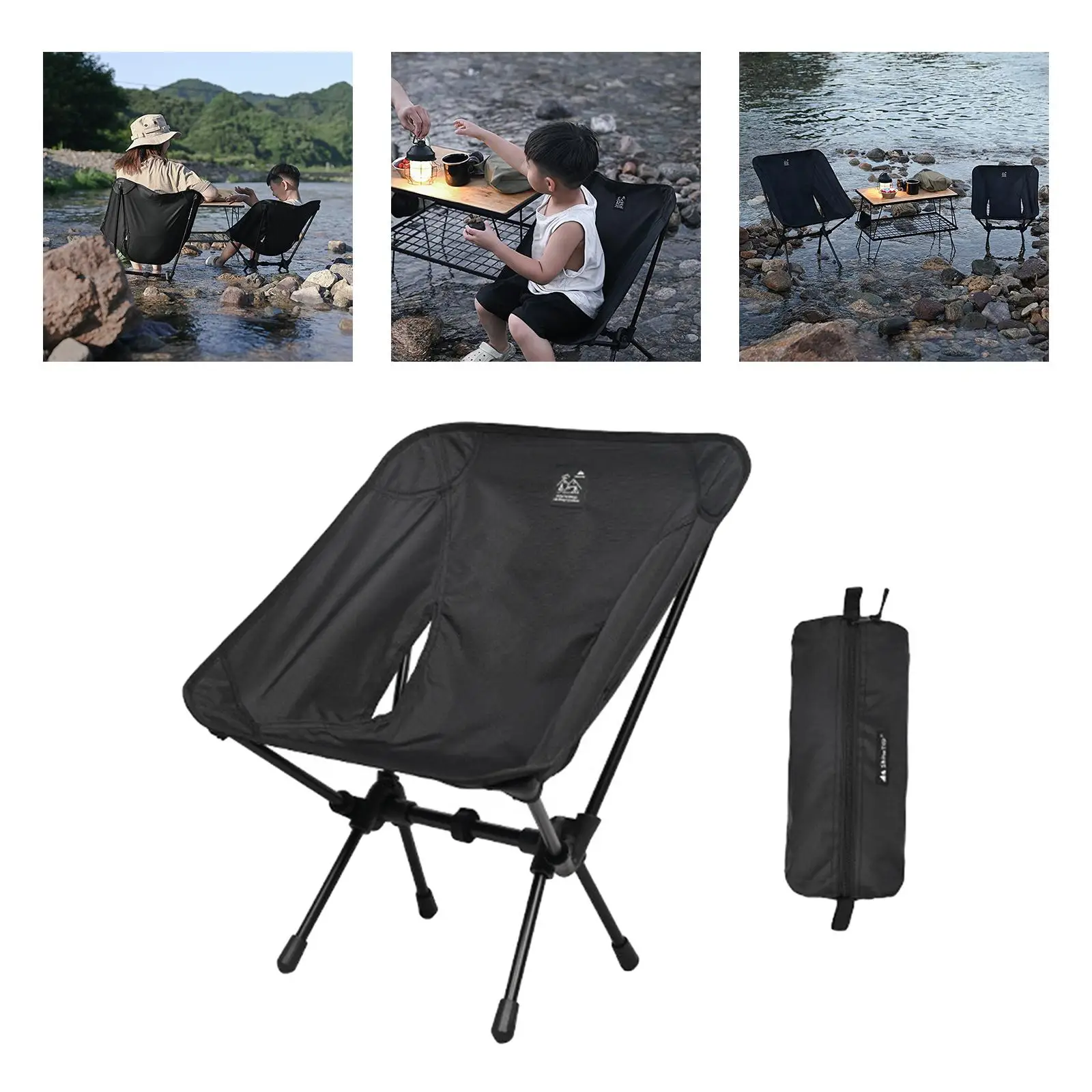 Heavy Duty Outdoor Camping Armchair W/Storage Pouch Seat Portable Folding Moon Chair for Backyard Barbecue Beach Fishing Picnic