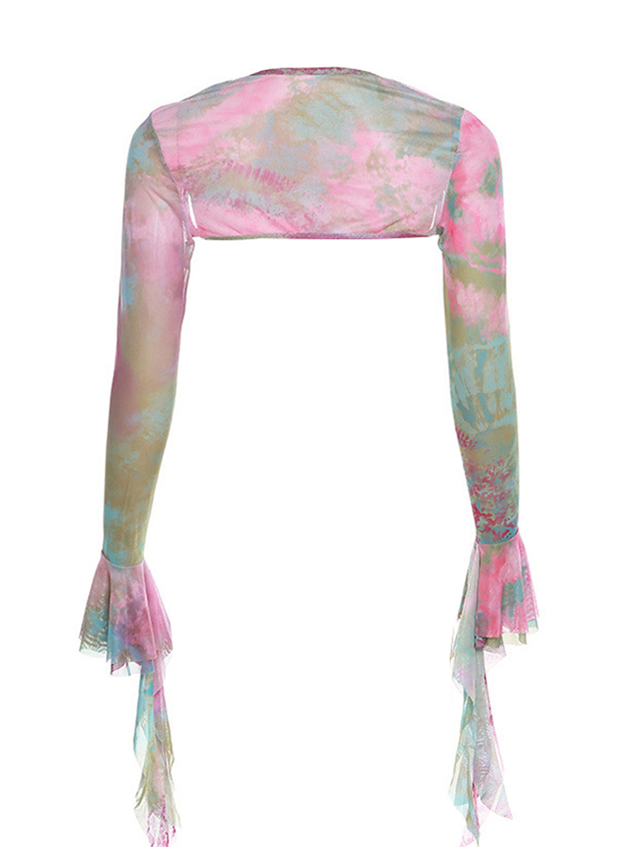 Frauen y2k 3 Stück Sommer Outfits Mode ästhetische Langarm Achsel zucken Tops Krawatte Dye Print Weste unregelmäßigen Minirock Set für Party – Detail 17
