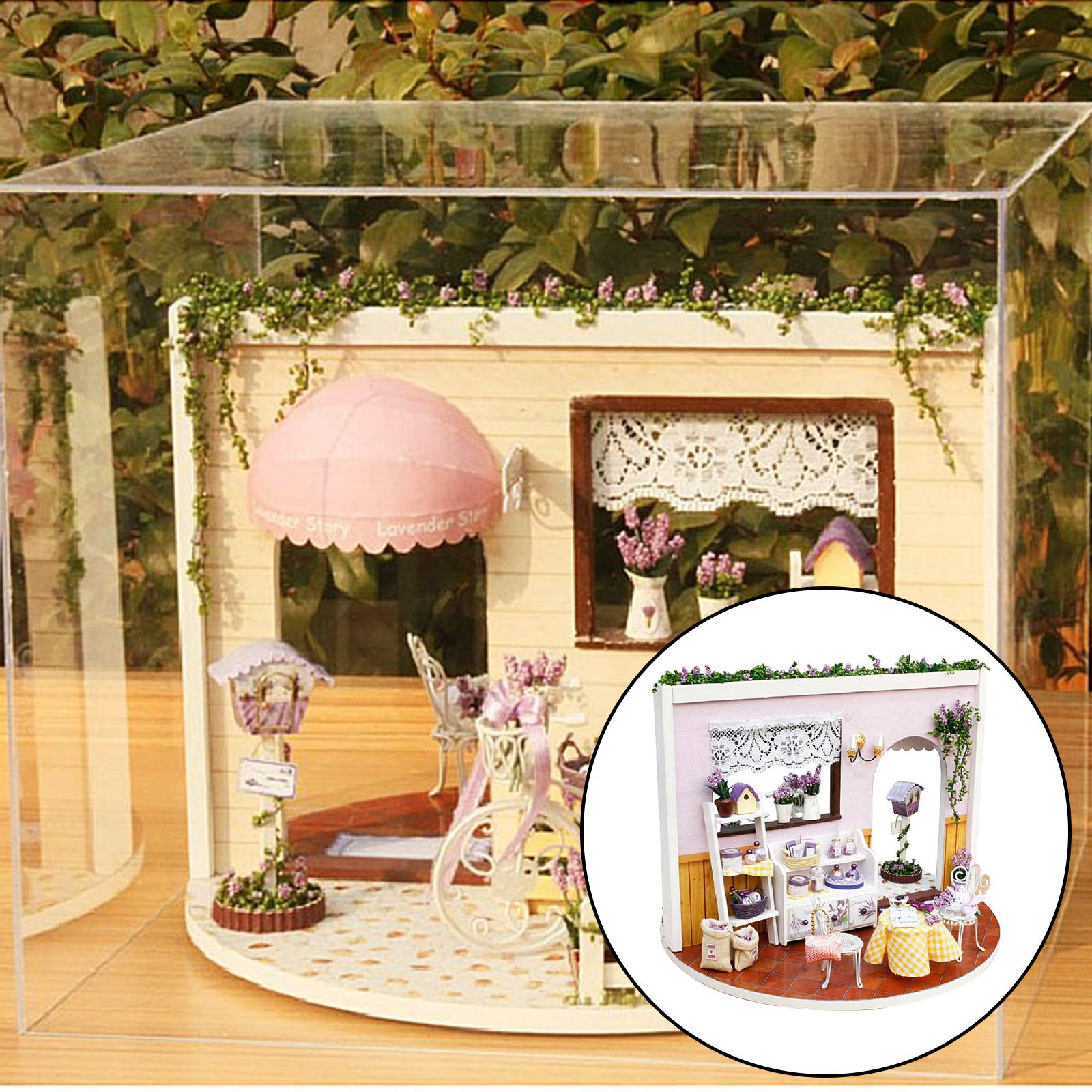 Miniature Wood Doll House with Furniture Plants Ornament Kits LED Light Sky Garden Lavender Story Model Puzzle Building Kit