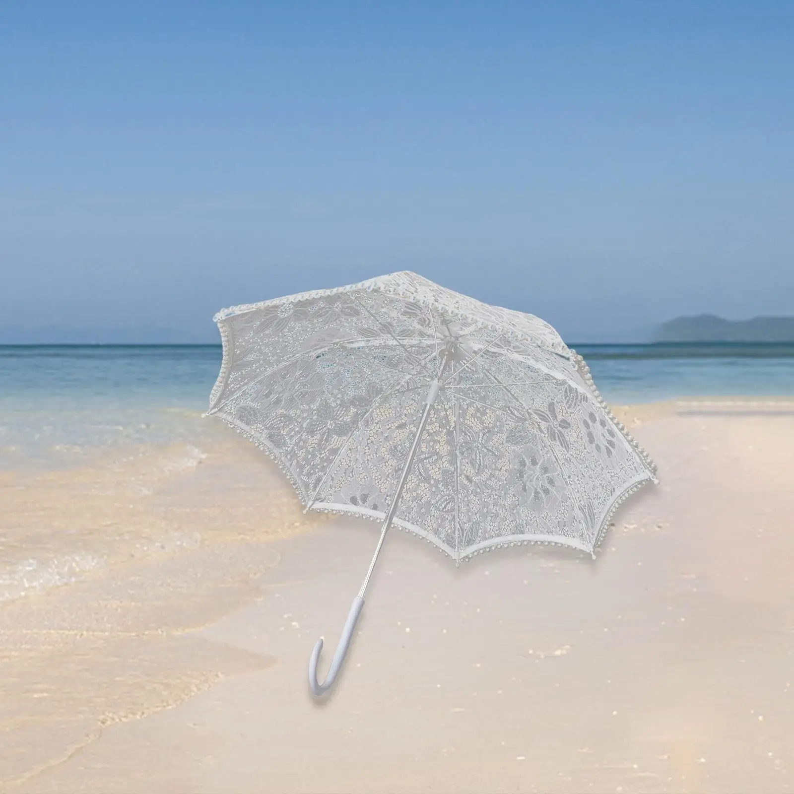 Parasol White Wooden Handle Costume Lace Umbrella for Birthday Bride Beach