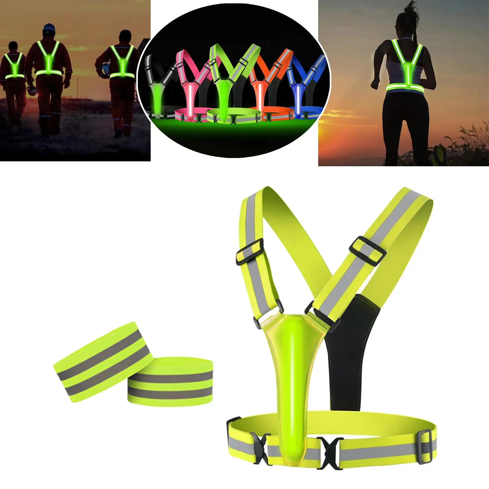 Adjustable LED Reflective Vest Safety Vest Double Side LED Strips Glowing Reflector Straps for Runner Outdoor Cycling Sports