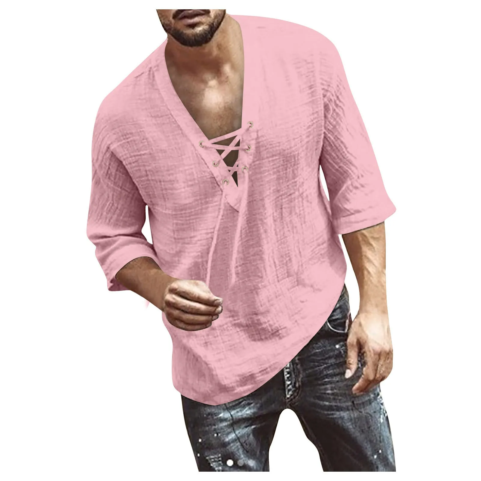 Camisas informales de lino y algodón para hombre, camisas holgadas con botones y cuello levantado, Tops de manga larga de Color sólido para primavera y verano