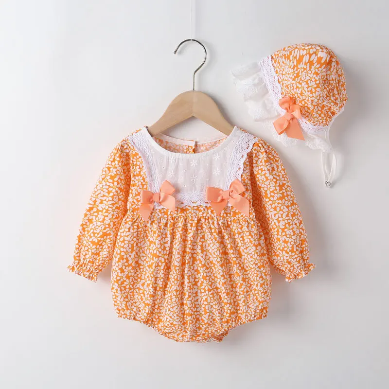 2022 New Summer Baby Clothes Girl Sweet 2 Pcs Sets Floral Bow Lace Baby Bodysuits+hat Party Birthday Princess Baby Rompers 0-18M baby bodysuit dress