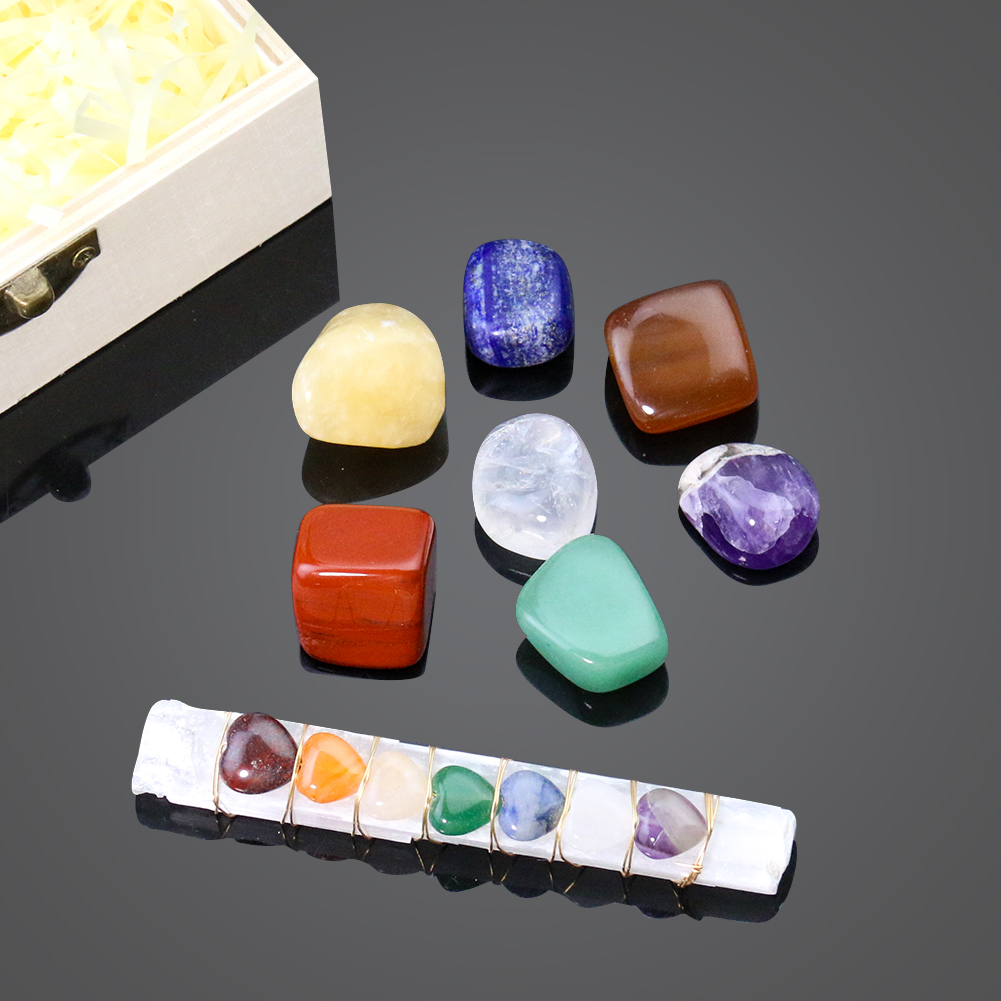 1 Set Holzbox Naturstein Kristall Edelstein Sieben Chakra Set Heilung Meditation Home Collection Handwerk Stein Dekoration Maison – Detail 4