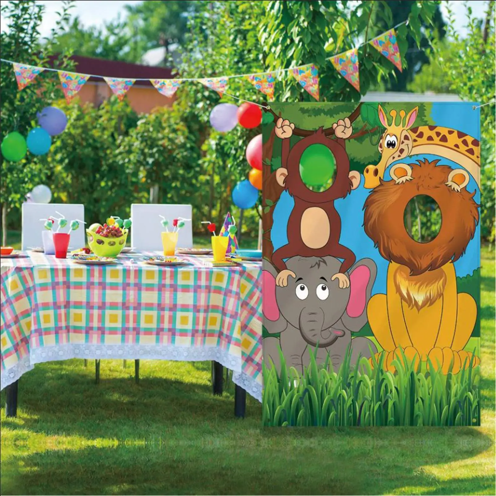 Jungle Animals Face in Hole Game Backdrop Door Banner 100x150cm Party Decorations