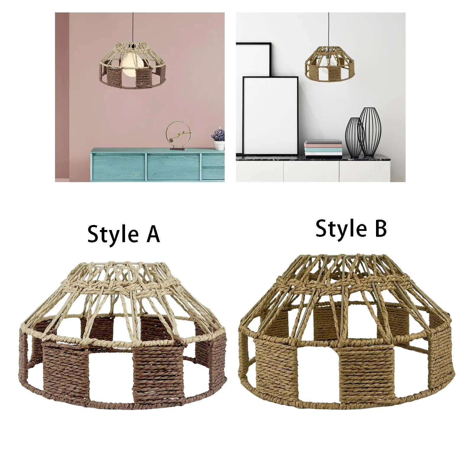 Rustic Boho Handwoven Wicker Lampshade Pendant Lamp Shade Paper Rope Rattan Lampshade for Living Room Farmhouse Ceiling Bedroom