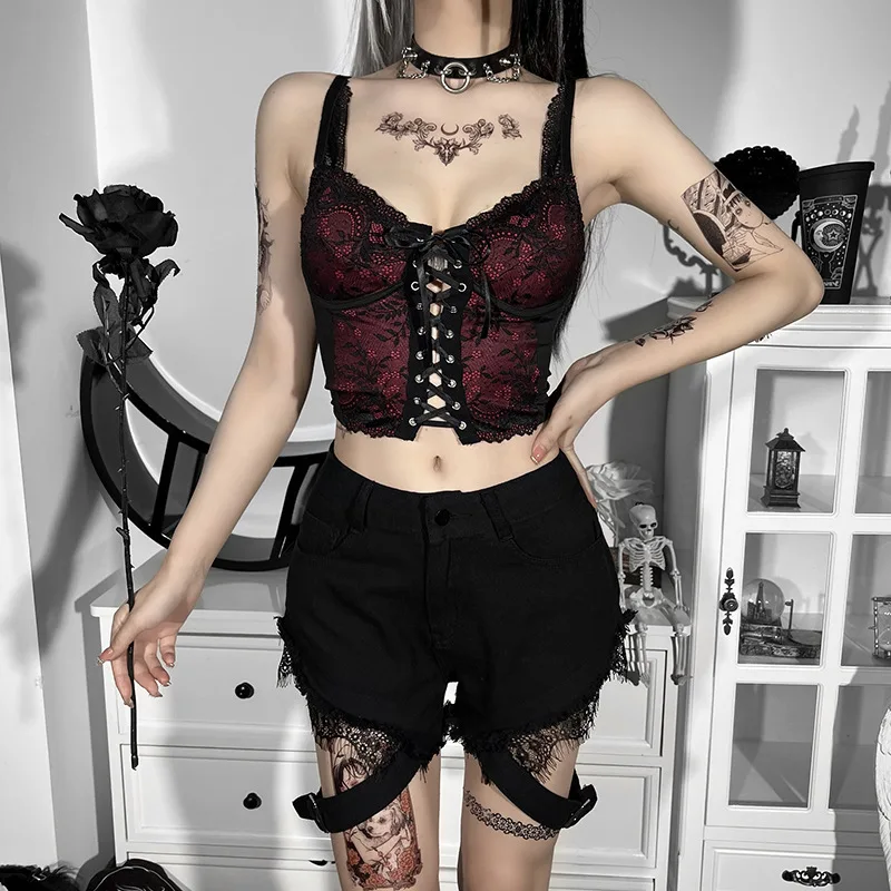 E-girl Dark Academia Corset Cami Top Sexy Front Hollow Out Bandage Lace Trim Backless Cropped Harajuku Grunge Women Clothes