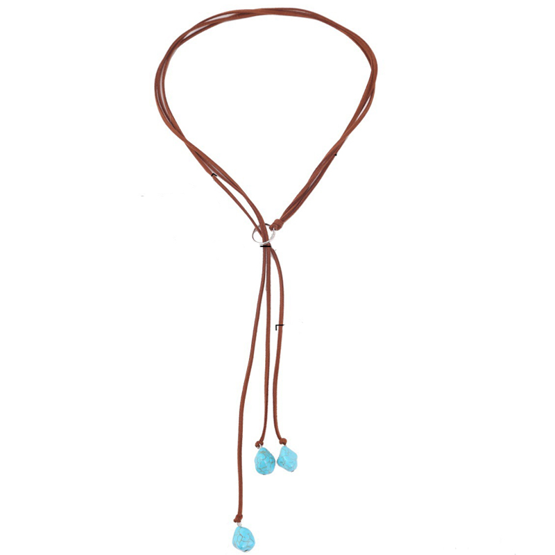 Bohemian Synthetische Türkis Halskette Lange Kette Quasten Halskette Handgemachte Vintage Y-förmigen Schmuck Braun Wrap Samt Halsband – Detail 1