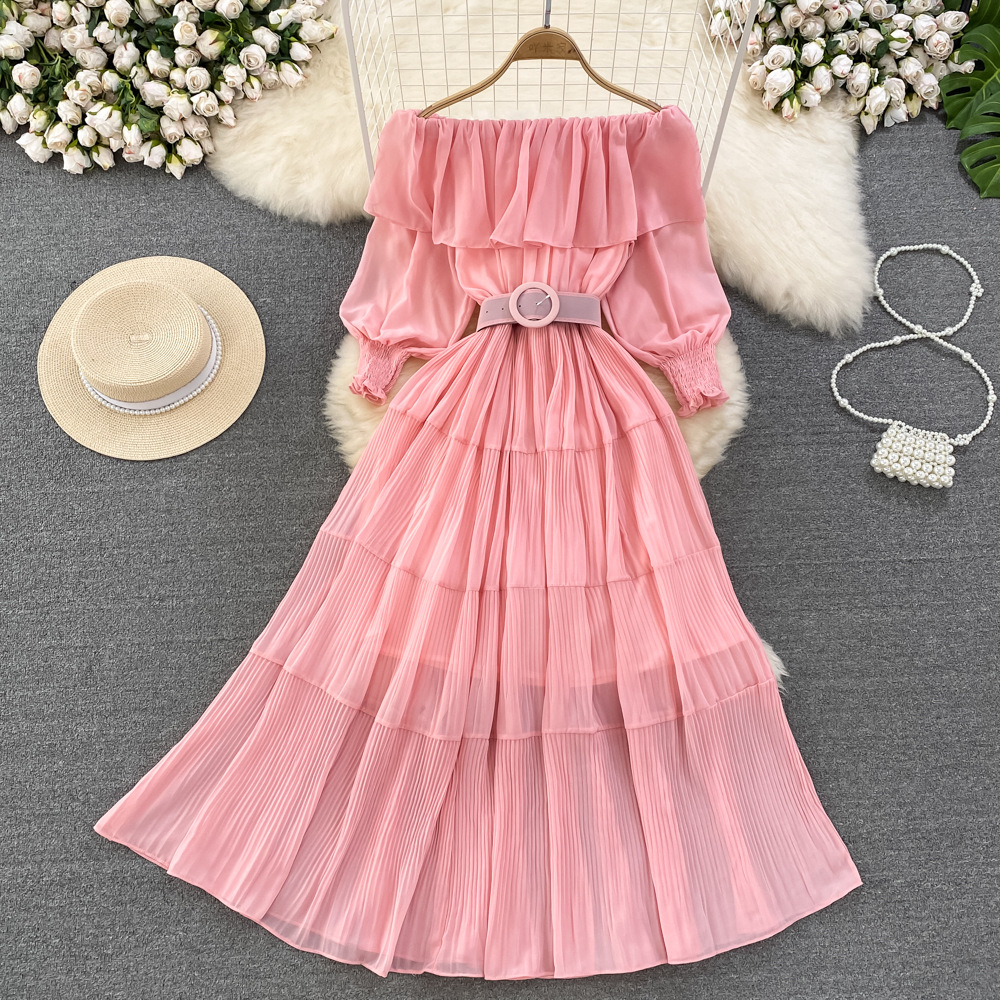 Women Vintage Off Shoulder Dress Chiffon Summer Sweet Lotus Leaf Edge Elegant Pleated Dresses Ladies Evening Party Long Dress