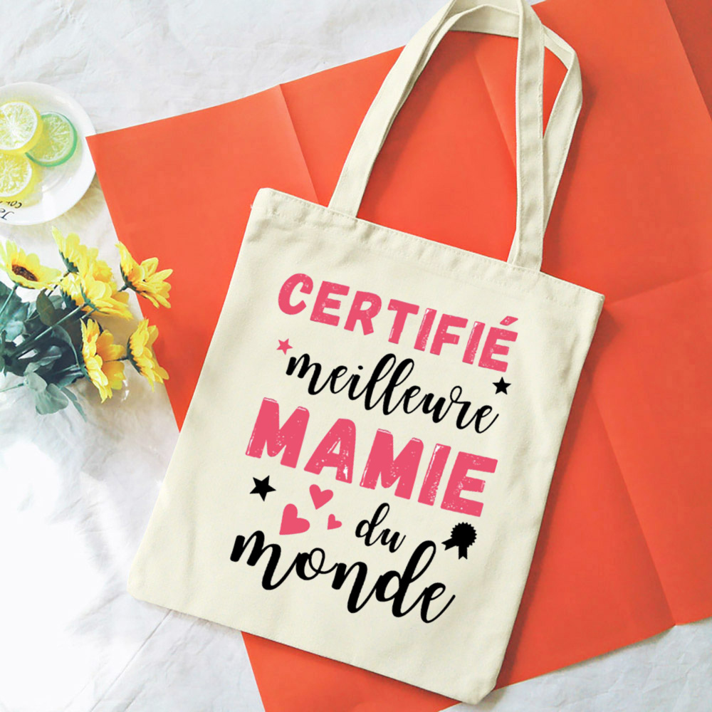 Französische Mamie-Druck-Schultertaschen aus Segeltuch, weibliche Einkaufstaschen, Damen-Reisehandtaschen, umweltfreundliche, wiederverwendbare Aufbewahrungstasche, Geschenke für Oma – Detail 22