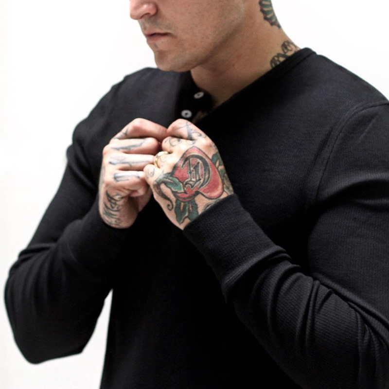 Männer Langarm Shirts Pullover Hemd Henry Kragen Runde Saum Einfarbig Herbst Fitness Workout Lässige Männer Kleidung – Detail 18