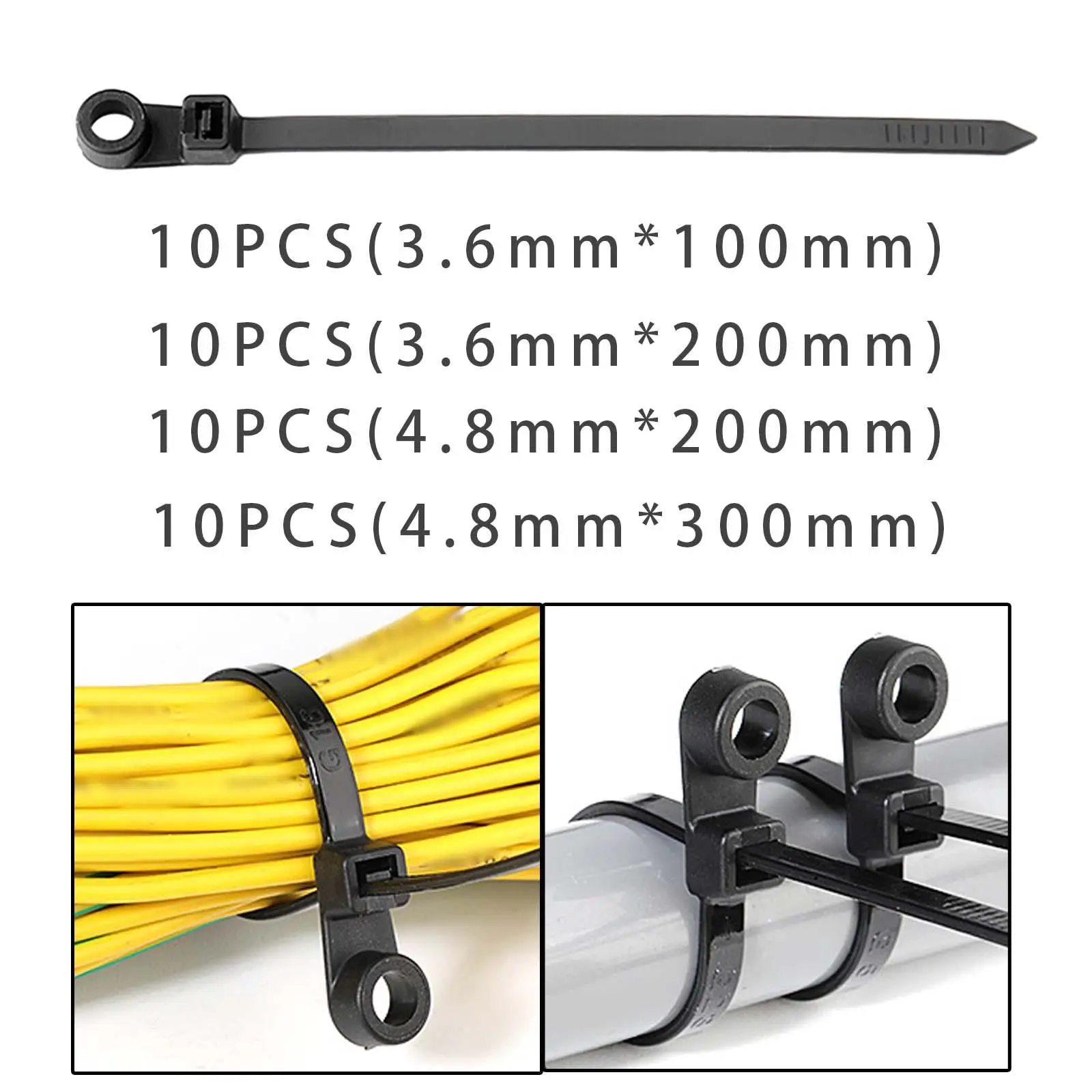 10x Cable Zips Wire Tie Wraps Bundle Strap with Screw Hole Mount for Office Cable and Wire Assembly Garage Garden Home