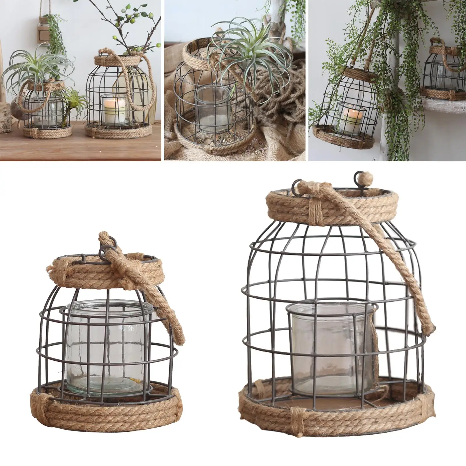 Decorative Metal and Rope Lantern Candle Holder, Rustic Outdoor Floor or Table Lantern for Farmhouse Patio Decor