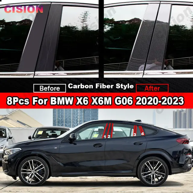 8x Glossy Black Window Door Column Center B C Pillar Post Mirror Effect PC  Cover Trim For BMW X6 X6M G06 2020-2023 Carbon Fiber