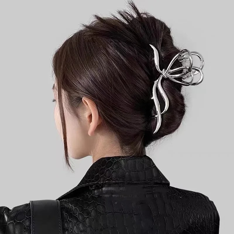 Große Bowknot Damen Haar klauen clip für dicke dünne Haarschmuck trend ige elegante Gold Silber Metall Streamer Krabben klemme Schmuck – Detail 2