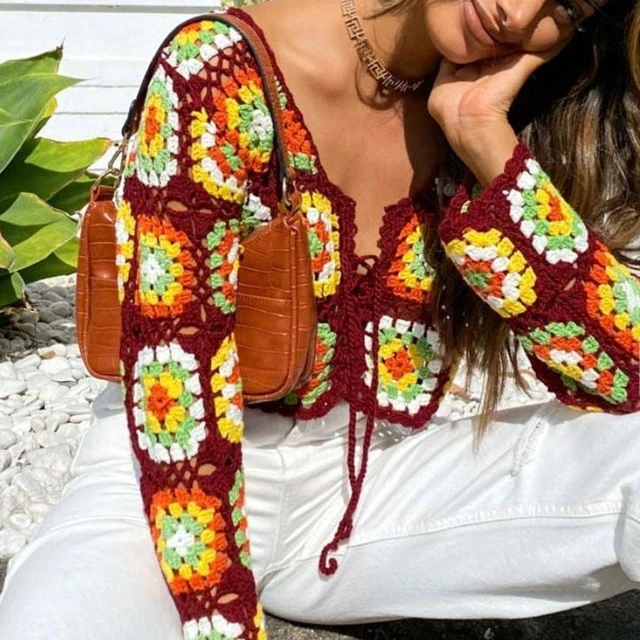 Crochet Crop Tops Women Ethnic Style Tie-up Hollow Floral Pattern V-neck  Long Sleeve Vintage Knitted Cover-up T-shirts - T-shirts - AliExpress