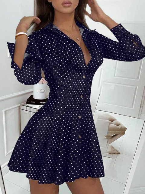 Dot Print Pleated Dress Women Long Sleeve Turn Down Collar Elegant Mini  Dress Ladies Casual Short Dress - Dresses - AliExpress