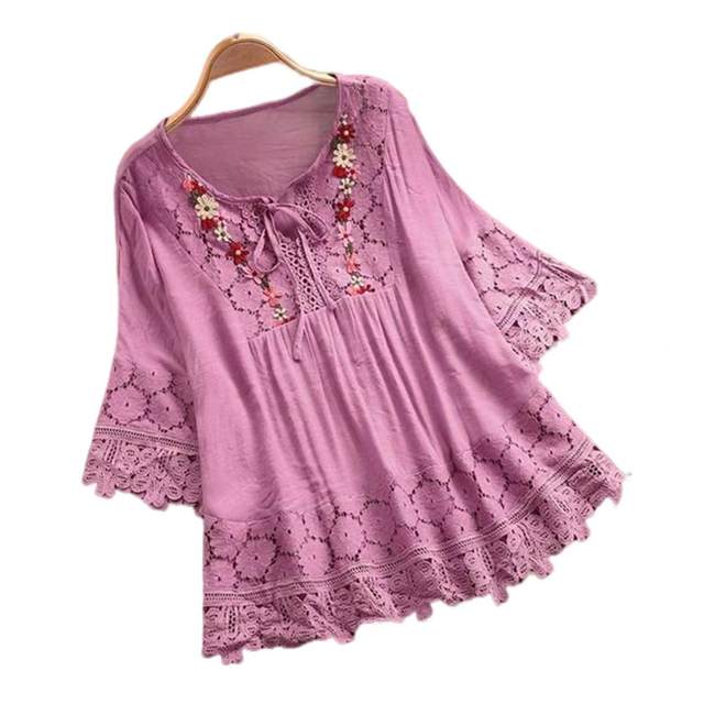 Camicetta Donna Oversize In Cotone E Lino - Maniche Lunghe Comode Con Pizzo E Tasche Per Taglie Forti - Foto 6