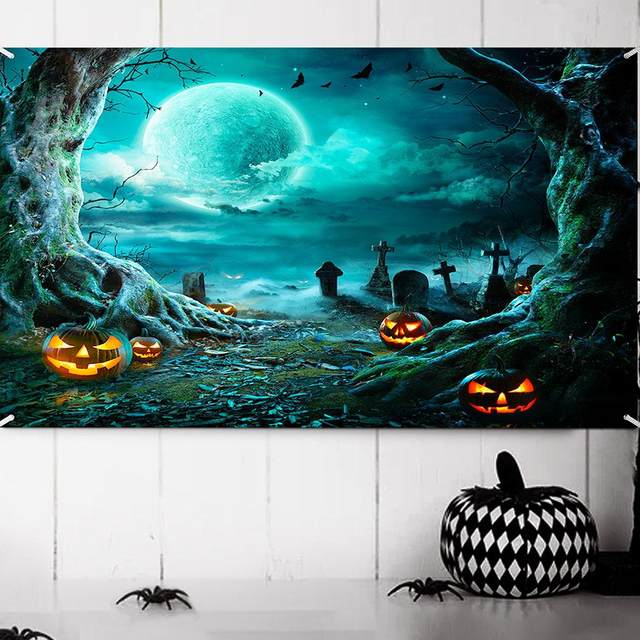 Halloween Photo Backdrop Pumpkin Lantern Scary Night Photography Background Halloween Family Party Portrait Photoshoot