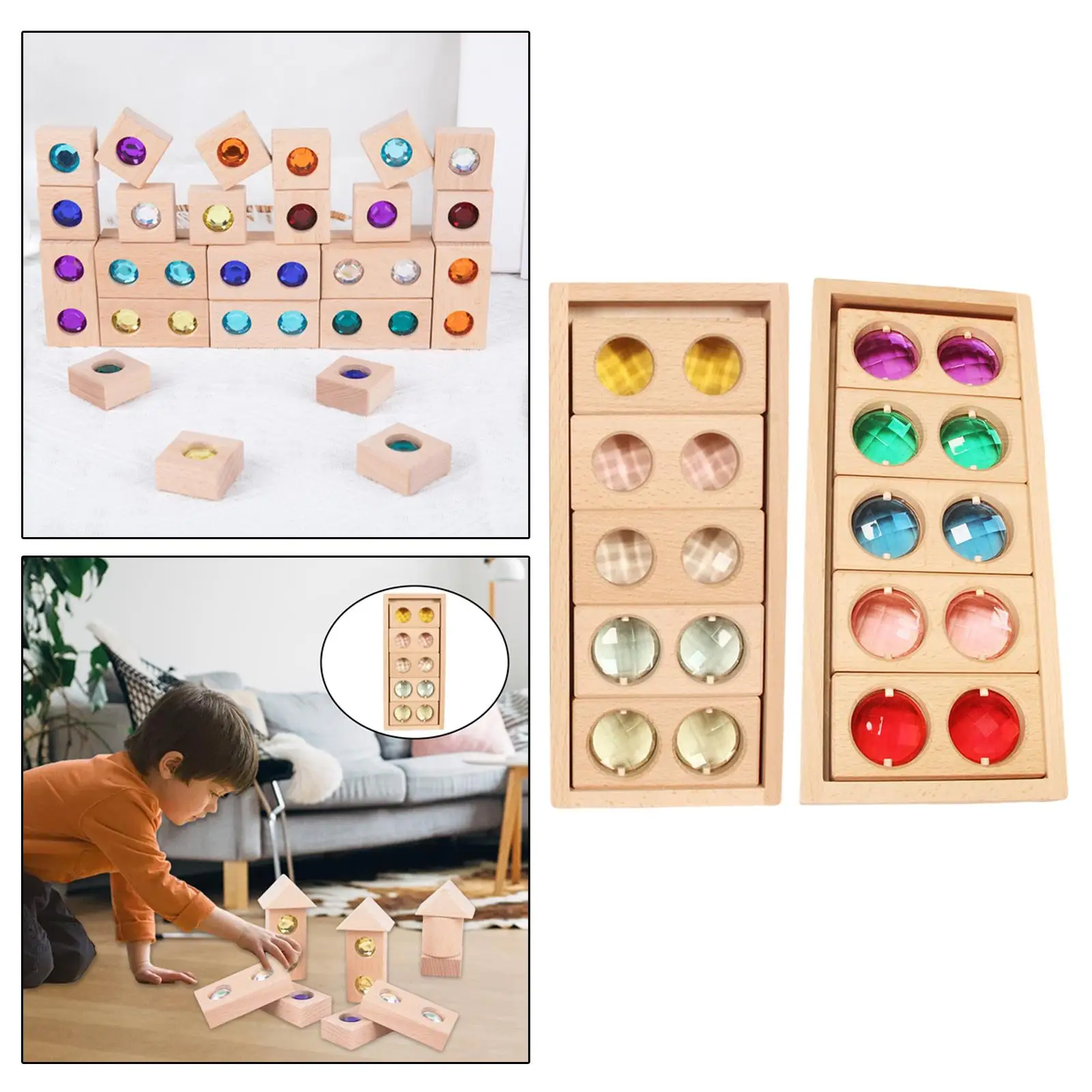 Wooden Toy Educational  Fillers Geometric Rainbow Gemstone Blocks for Outdoor Preschool Developing Color Perception Toddlers