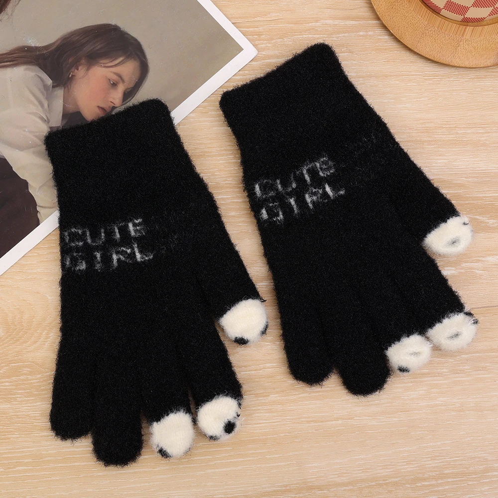 Open Finger Gloves Winter Warm Open Finger Gloves Women's Cute Panda Fingertip Touch Screen Gloves Warm Outdoor Knitted Gloves