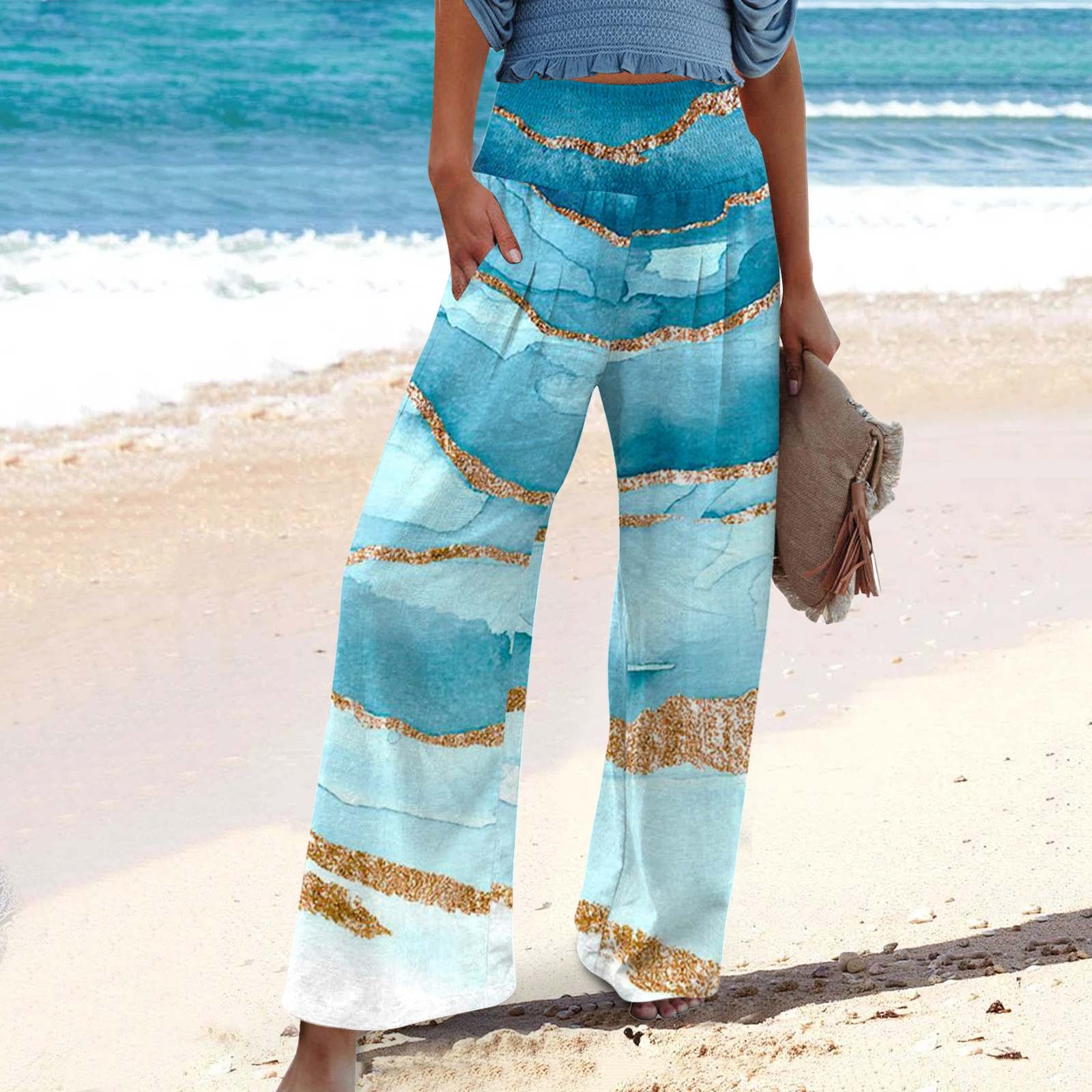 Navy Blue Womens Pants High Waist Wide 
