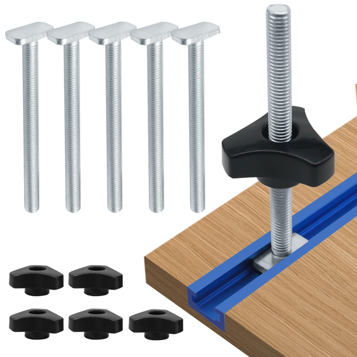 5er-Pack T-Bolzen-Knopf-Set, T-Slider T-Schlitz, T-Schraube und Mutter, T-Schraube und Kunststoff-Knopfmutter, Stichschraubenbefestigung für Werkbank-T-Nut – Detail 8