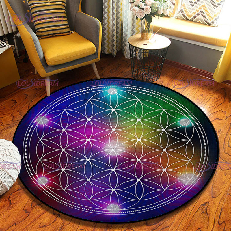 Title 16, Geometric Symbols Flower of Life Round Rug Sacr...