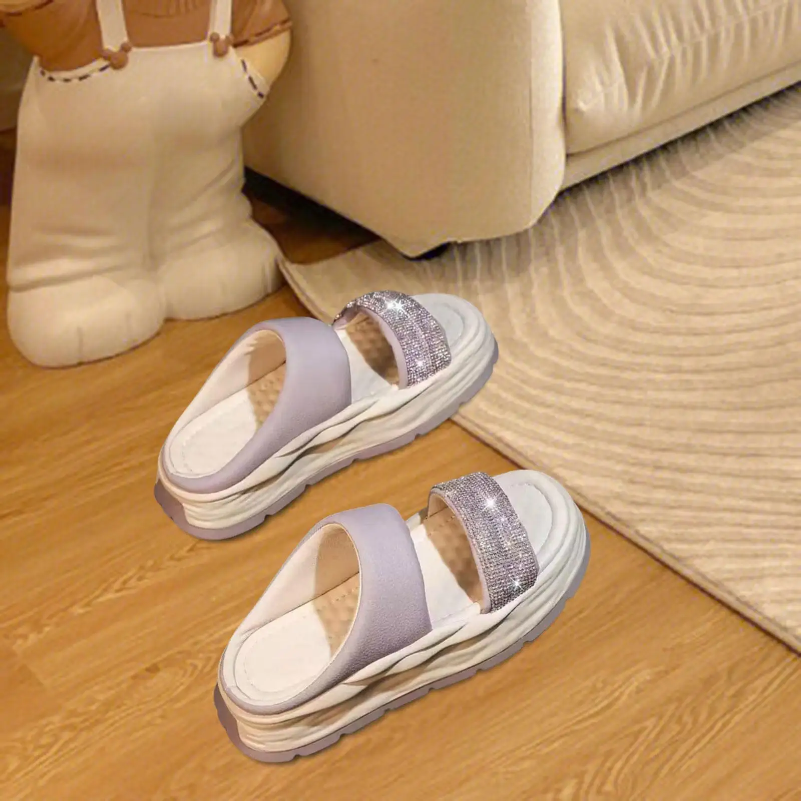 Women`s Slide Sandals Female Soft Sequins Pool Beach Sandals Flat Slippers Platform for Bathroom Street Summer Outdoor Traveling