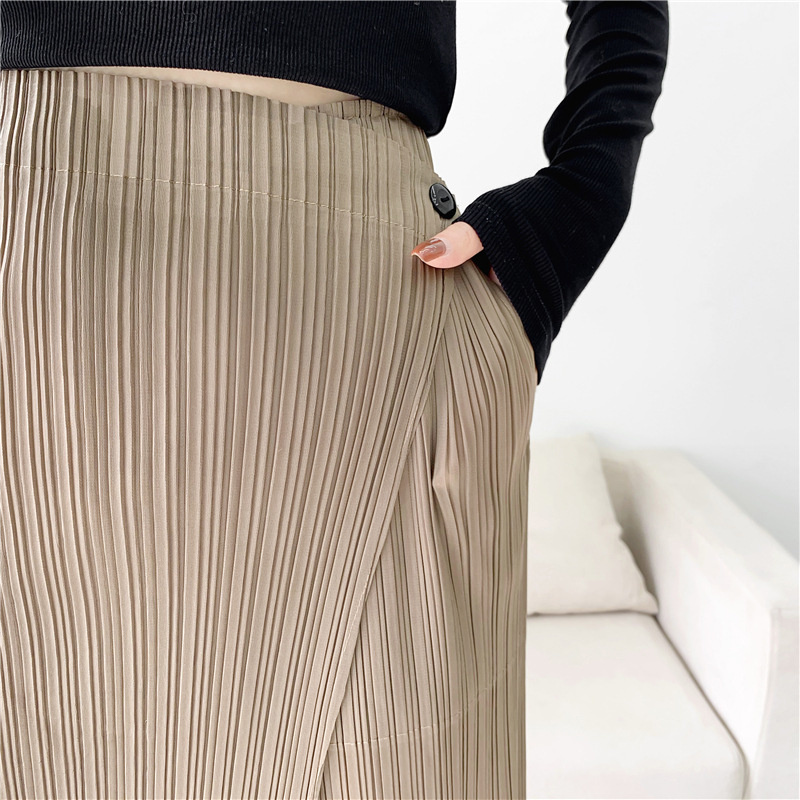 ALSEY Miyake Pleated Wide Leg Ankle-length Pants for Women Autumn New Simple Elastic Waist Solid Color Straight Female Trsouser