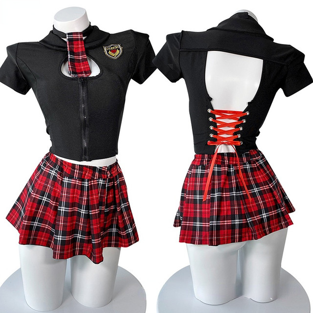 School Student Girl Unifrom Costume Women Sexy Red Plaid Pleated