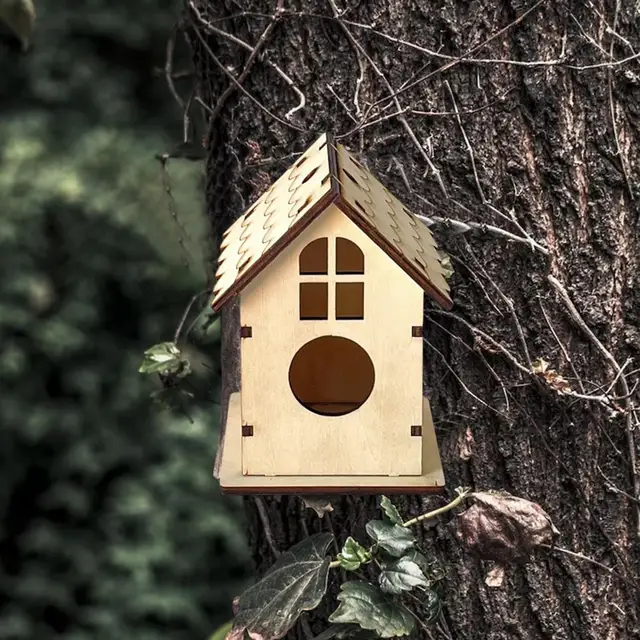 Maison d'oiseau en bois inachevé avec poteau, mangeoire à oiseaux