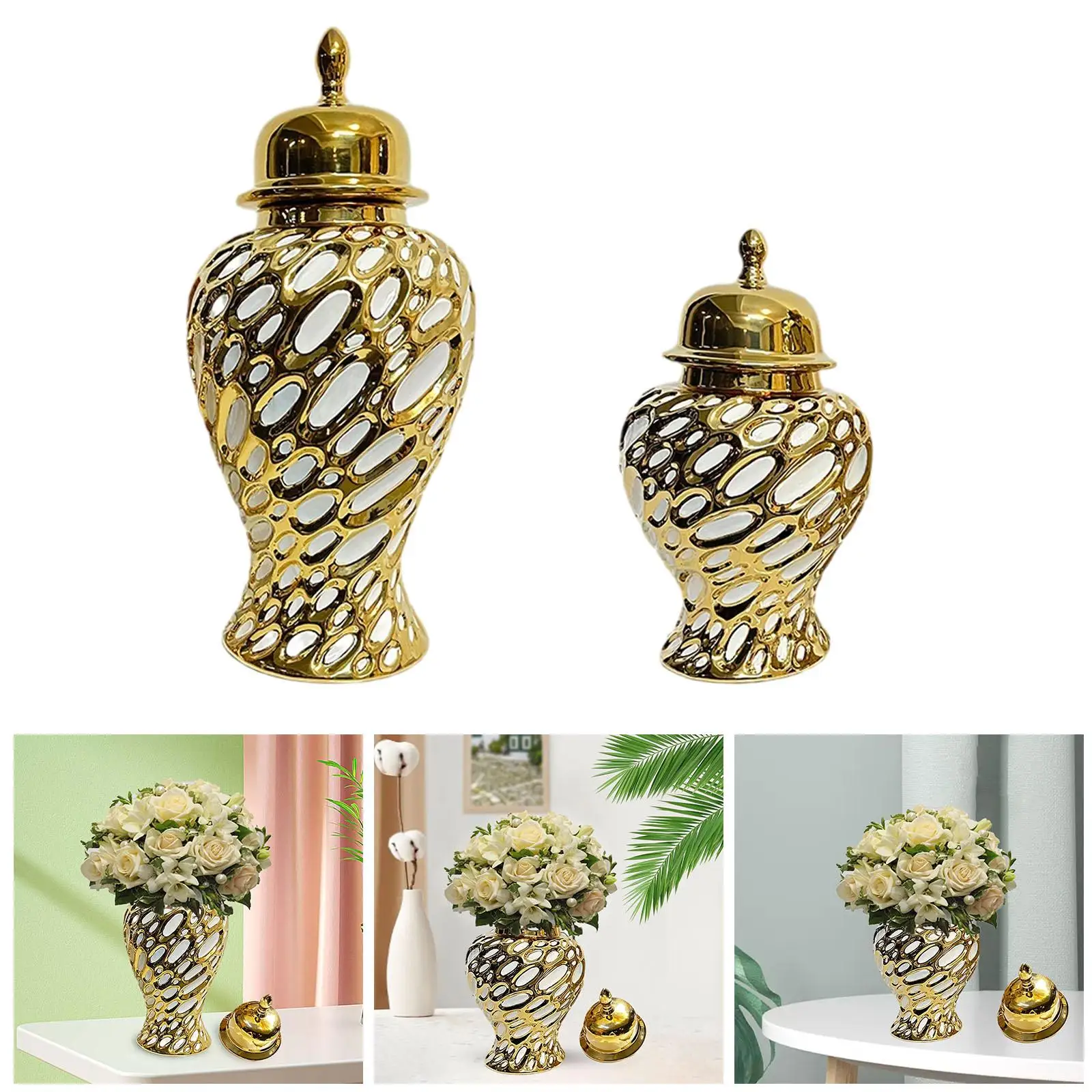 Porcelain Ginger Jar Handicraft with Lid Ceramic Flower Vase Storage Jar for Living Room Office Party Bedroom Home Decoration