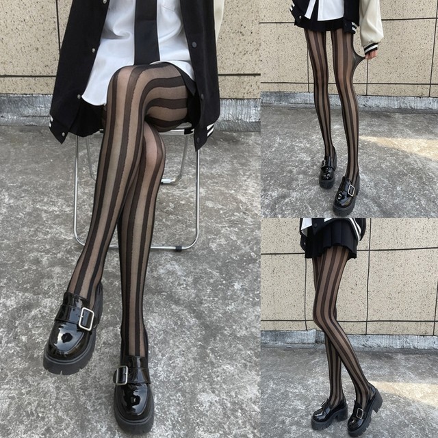 New Sexy Women Vertical Striped Stockings Black High Thigh Punk Fishnet  Mesh Ultra Thin Fashion Transparent Bottom Pantyhose - AliExpress