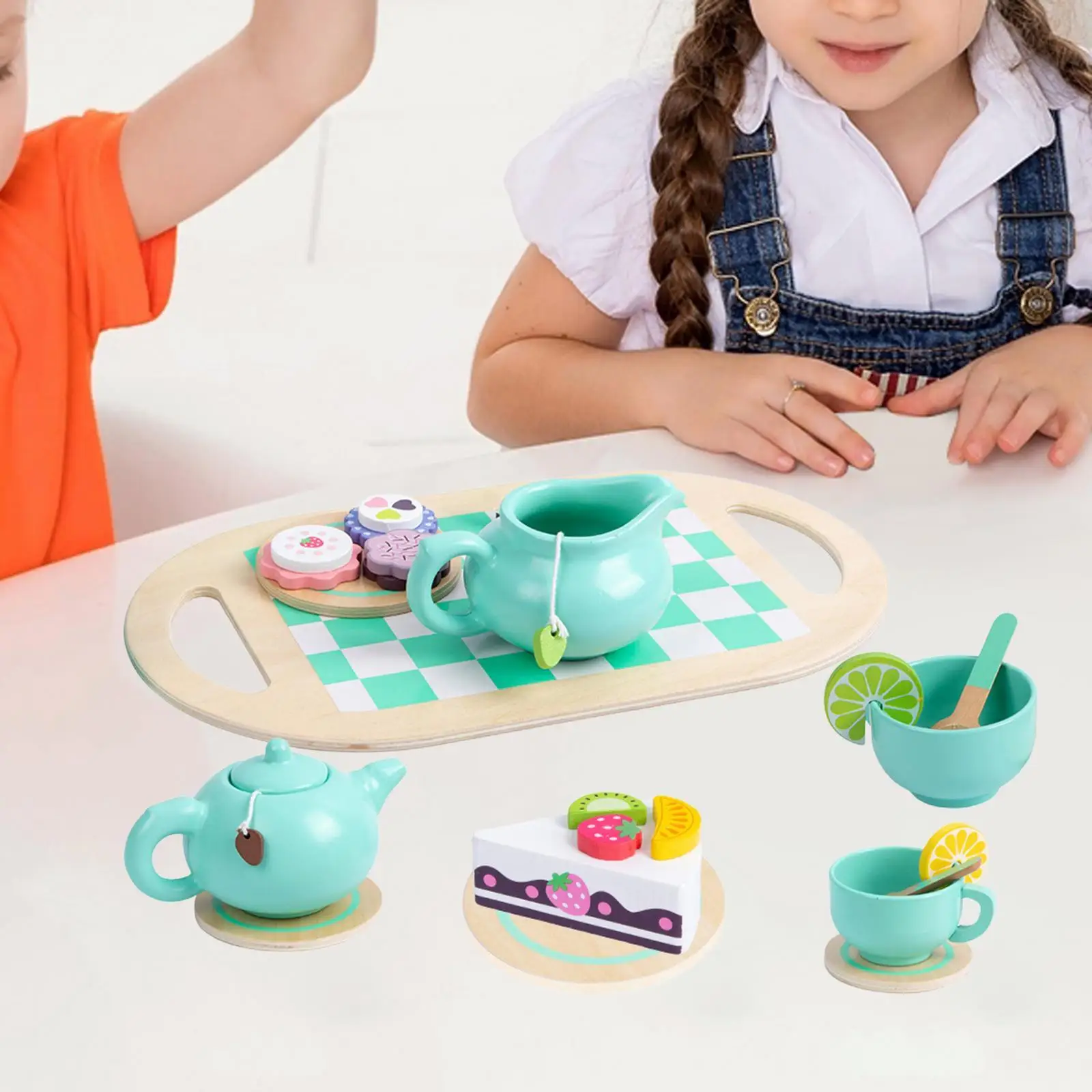 Kids Tea Party with Teapot, Coaster, Coffee Mugs, Spoons, Saucers, and Serving Tray Montessori Toy for Kids Birthday Gift