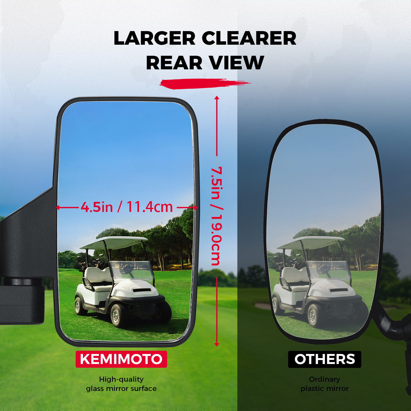 Description Picture 5 of itemKEMIMOTO Golf Cart Rear View Side Mirror Compatible with EZGO, Club Car, Drive2, Icon with 1-1.25" Square Tube