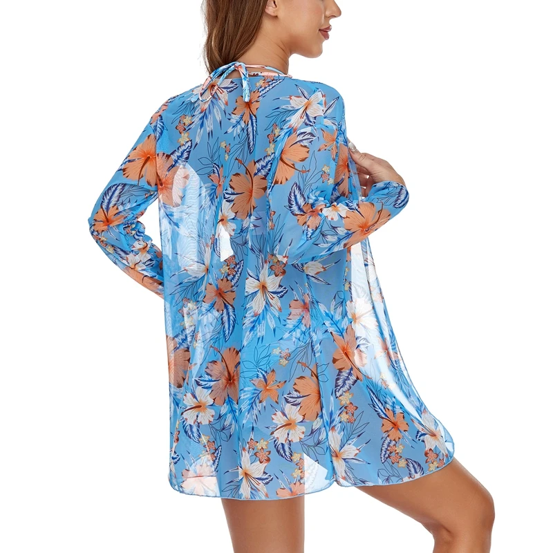 Women Cover-Ups Skirt Swimwears Floral Printed Tie-Up Sheer Skirt Long Sleeve Cardigan Cover-Up Beach Wear Swimming Outfits 2022 bathing suit cover