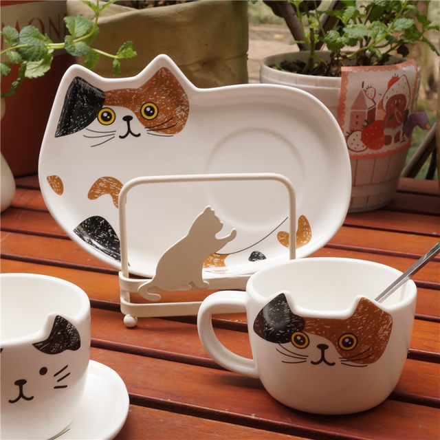 3pcs/set Cute Cat Ceramic Coffee Cup Coffee Mug w/ Saucer Spoon Dinnerware  Gift