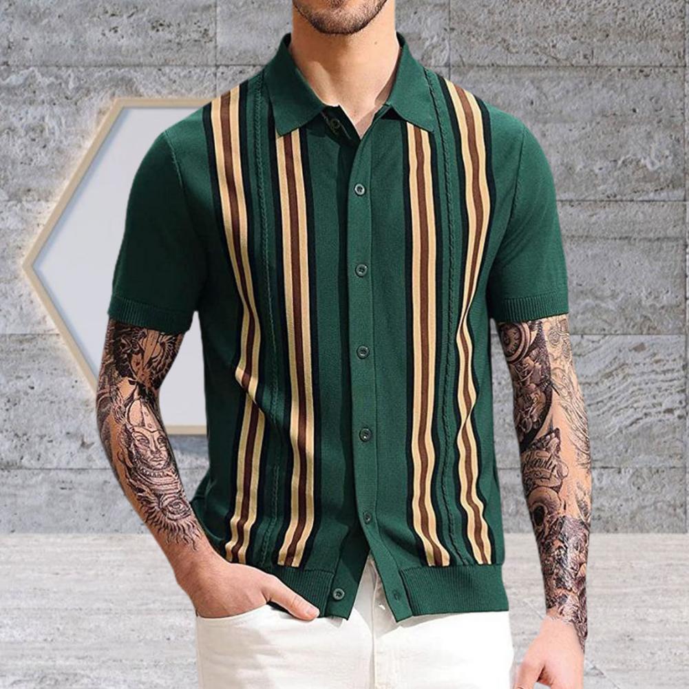 Men's Summer Knitted Shirt Contrast Color Single breasted Short Sleeve Stripe Print Knitted Summer Tops Male Clothes 18 S928fc804d1b445bfb4727b329bb226467